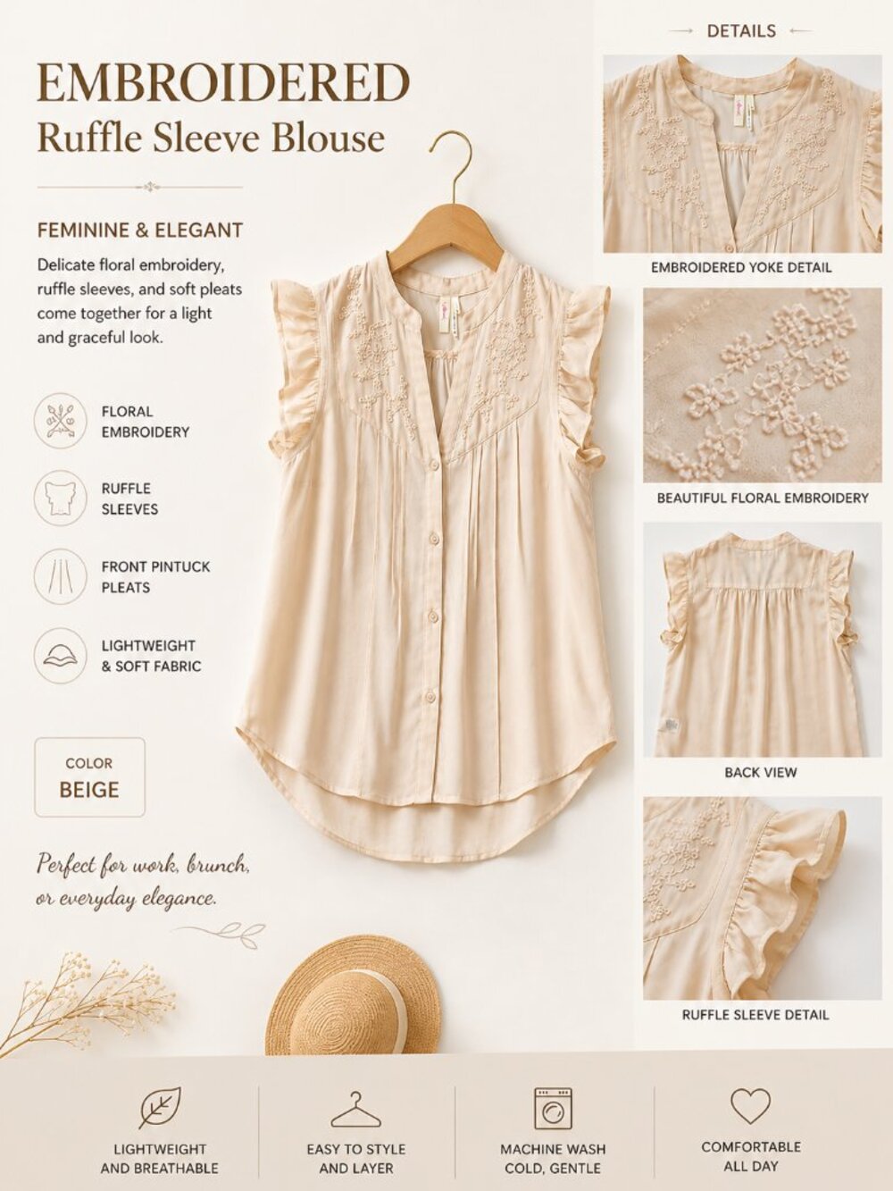 French Elegant Chic Champagne Embroidered Women Blouse Top Size XS